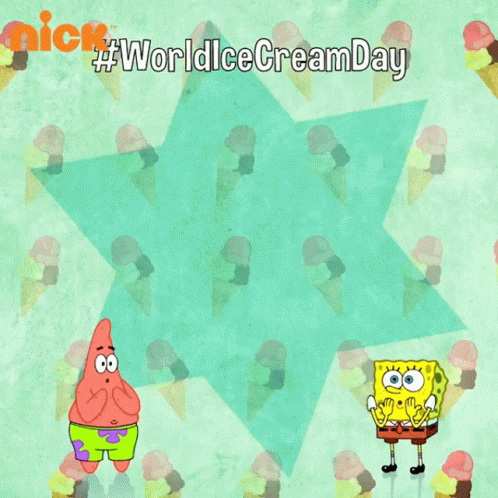 Patrick Star And Spongebob Say Happy World Ice Cream Day On A Poster GIF