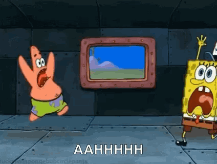Patrick Star And Spongebob Squarepants Are Jumping In The Air In A Room . GIF
