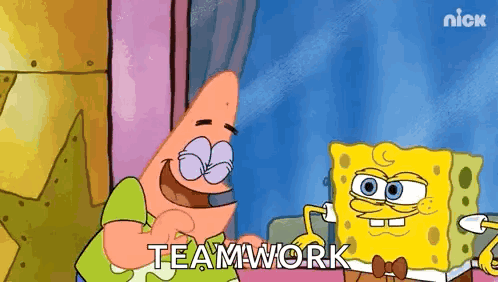 Patrick Star And Spongebob Squarepants Are Standing Next To Each Other In A Room And Talking About Teamwork . GIF