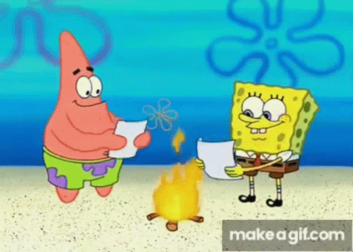 Patrick Star And Spongebob Squarepants Are Standing Next To Each Other On The Beach Holding Papers In Front Of A Fire . GIF