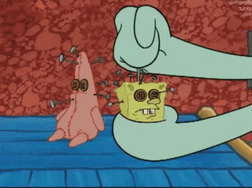 Patrick Star and Squidward Holding Stuffed Spongebob with Nails
