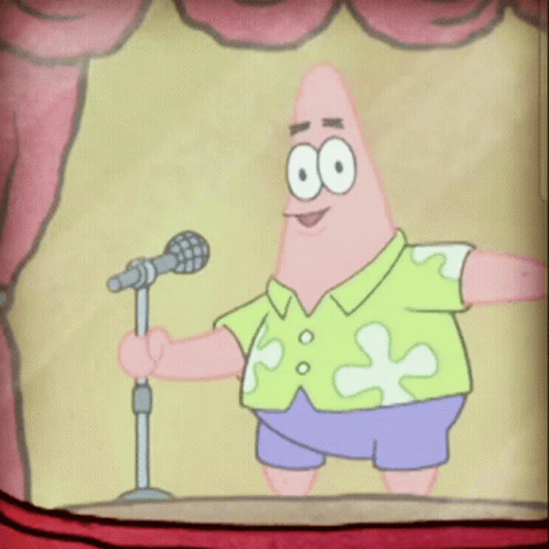Patrick Star From Spongebob Is Holding A Microphone And Smiling GIF