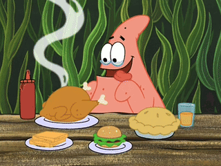 Patrick Star From Spongebob Is Sitting At A Table Eating Food GIF