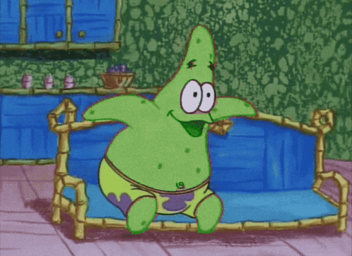 Patrick Star From Spongebob Is Sitting On A Blue Couch GIF
