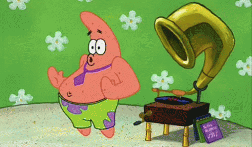 Patrick Star From Spongebob Is Standing Next To A Phonograph GIF