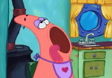 Patrick Star From Spongebob Is Wearing A Purple Apron With A Heart On It GIF