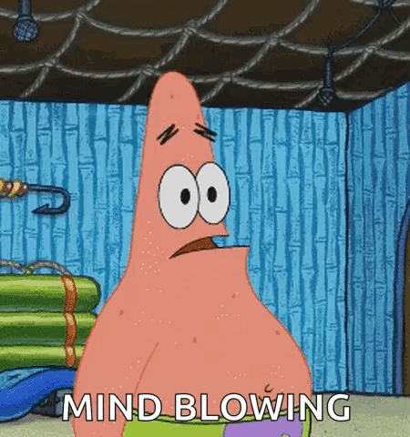 Patrick Star From Spongebob Squarepants Is Blowing His Mind While Standing In A Room . GIF