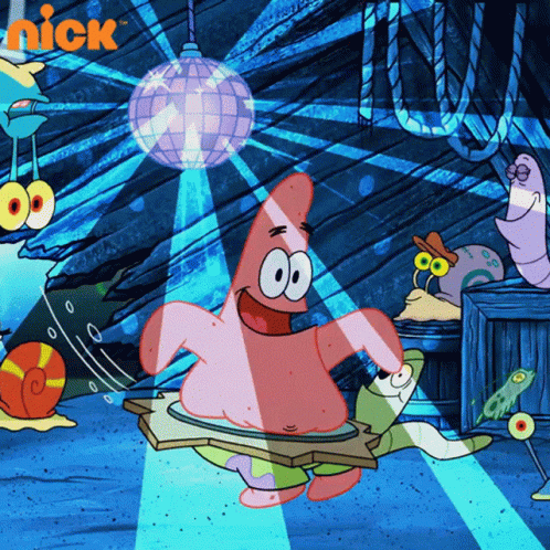 Patrick Star From Spongebob Squarepants Is Dancing In Front Of A Disco Ball Sponsored By Nick GIF
