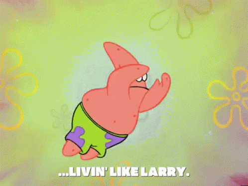 patrick star from spongebob squarepants is flying through the air with the words livin ' like larry below him