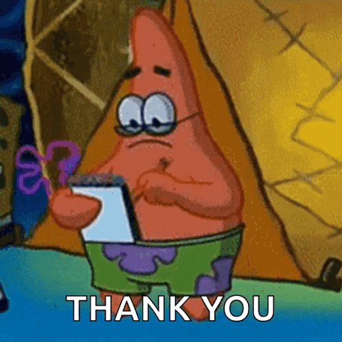 Patrick Star From Spongebob Squarepants Is Holding A Notepad And Saying " Thank You " GIF
