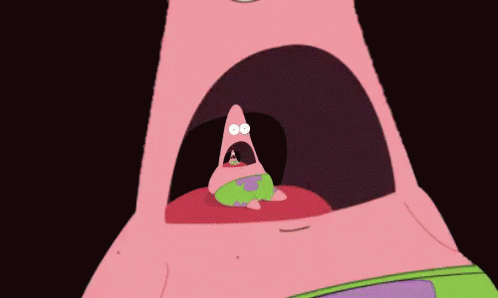 Patrick Star From Spongebob Squarepants Is Looking Out Of A Pink Hole With His Mouth Wide Open . GIF