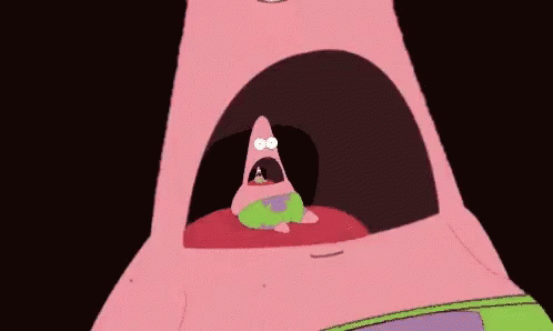 Patrick Star From Spongebob Squarepants Is Looking Out Of A Pink Mouth With His Mouth Open . GIF