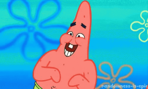 Patrick Star From Spongebob Squarepants Is Making A Funny Face While Standing In Front Of A Blue Flower . GIF
