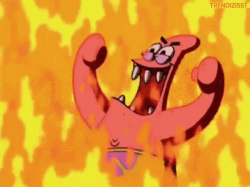 Patrick Star From Spongebob Squarepants Is Screaming And Flexing His Muscles In Front Of A Fire Background . GIF