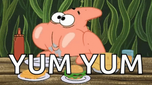 Patrick Star From Spongebob Squarepants Is Sitting At A Table Eating A Burger . GIF