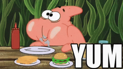 Patrick Star From Spongebob Squarepants Is Sitting At A Table Eating A Hamburger And Cheese . GIF