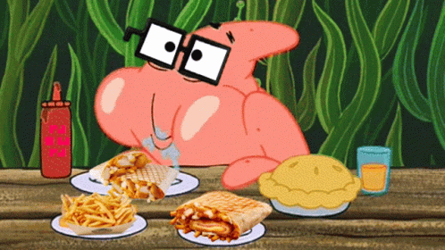 Patrick Star From Spongebob Squarepants Is Sitting At A Table With Plates Of Food GIF