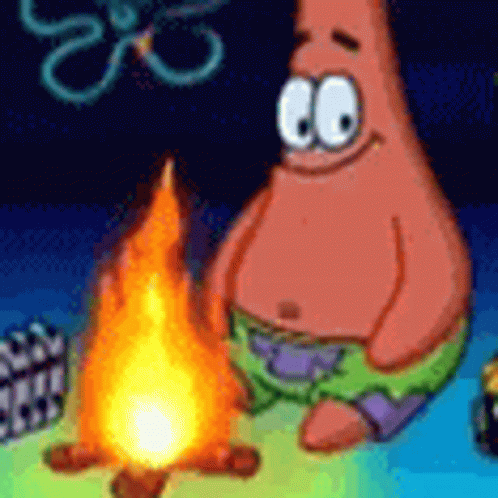 Patrick Star From Spongebob Squarepants Is Sitting Next To A Fire . GIF