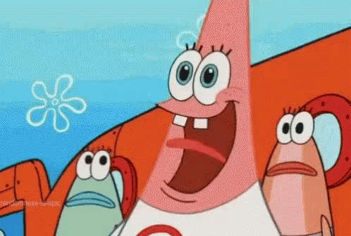 Patrick Star From Spongebob Squarepants Is Smiling While Standing Next To A Group Of Spongebob Characters . GIF