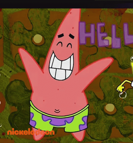 Patrick Star From Spongebob Squarepants Is Smiling With The Word Hello Behind Him GIF