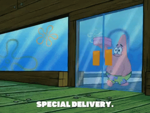 Patrick Star From Spongebob Squarepants Is Standing In Front Of A Glass Door And Saying Special Delivery GIF