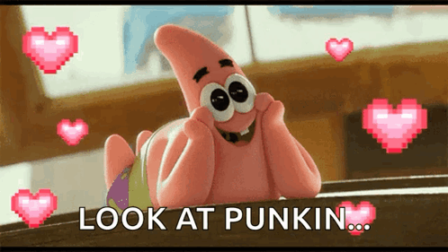 Patrick Star From Spongebob Squarepants Is Surrounded By Pink Hearts And Says Look At Punkin GIF
