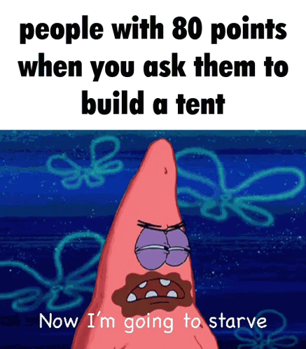 Patrick Star From Spongebob Squarepants Says " People With 80 Points When You Ask Them To Build A Tent GIF