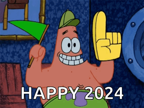 Patrick Star Holding Flag and Happy 2024 Sign