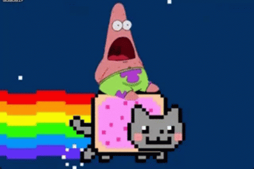 Patrick Star Riding A Rainbow Cat GIF