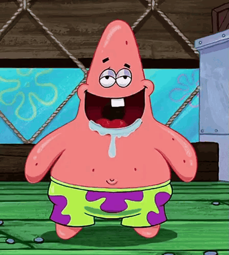 Patrick Star Standing on Wooden Floor With Mouth Open