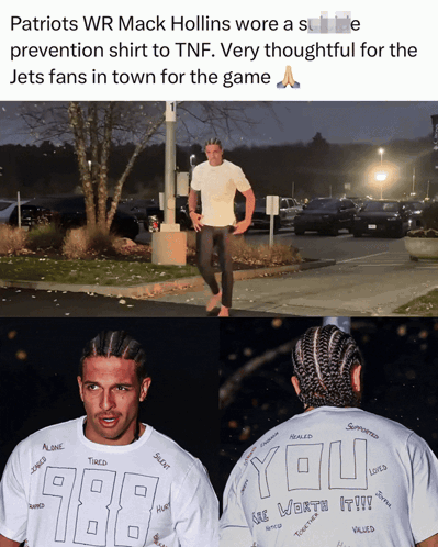 Patriots WR Mack Hollins Wearing Suicide Prevention Shirt to TNF