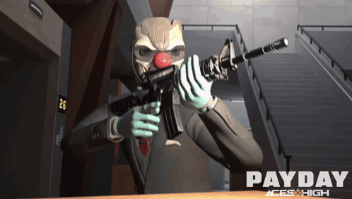 Payday Aces High Clown Holding Rifle GIF