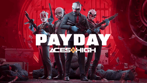 Payday Aces High Poster Men In Suits Masks Holding Guns GIF