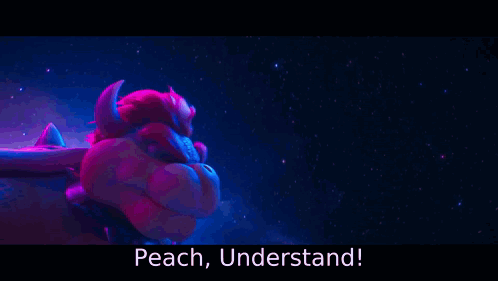 peach and bowser are standing next to each other in a cartoon .