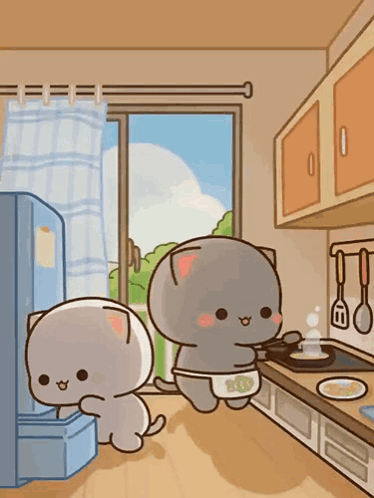 Peach And Goma Cooking In Kitchen GIF