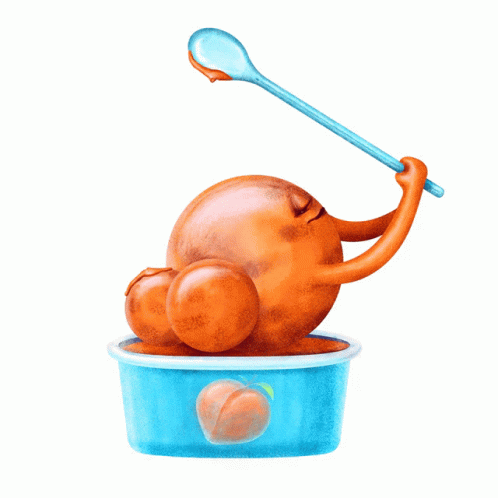 Peach With Arms Holding Spoon Over Bowl