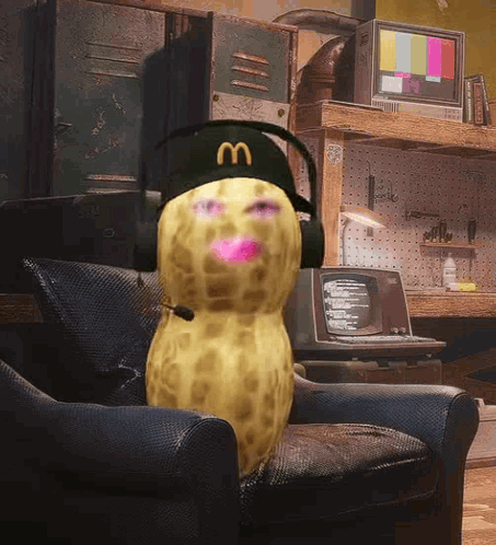 Peanut Wearing McDonald's Hat And Headphones GIF