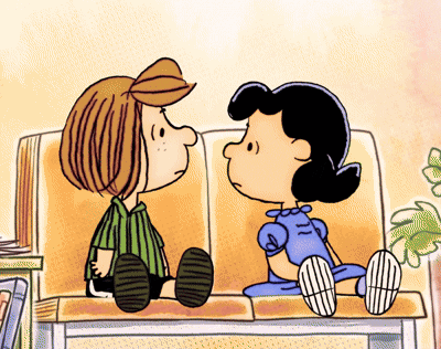 Peanuts Characters Charlie Brown And Lucy Brown Are Sitting Next To Each Other On A Bench GIF