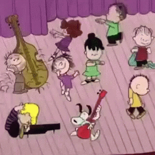 Peanuts Characters Dancing Snoopy Playing Guitar GIF
