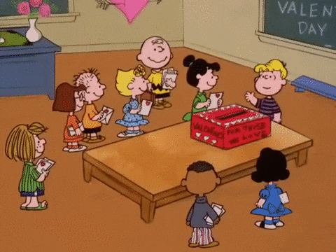 Peanuts Characters Dropping Letters For Snoopy Valentines GIF