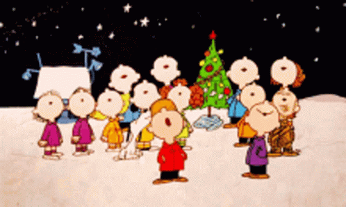 Peanuts Characters Singing Christmas Carols in Snow