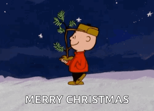 Peanuts Merry Christmas Charlie Brown Carrying Small Tree GIF