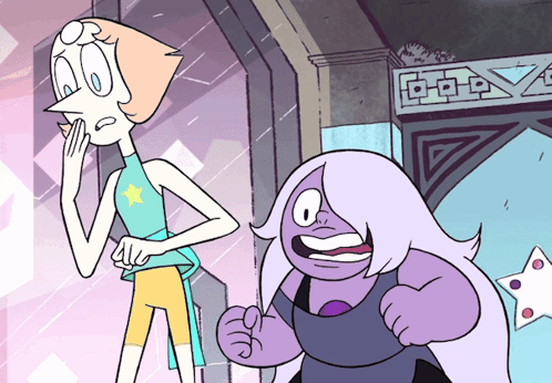 Pearl And Amethyst Are Standing Next To Each Other In A Cartoon GIF