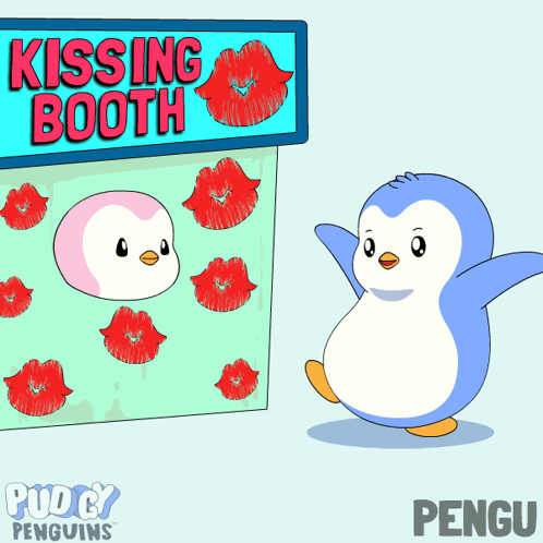 Penguin at Kissing Booth With Red Lips