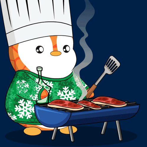 Penguin Chef Grilling Steaks