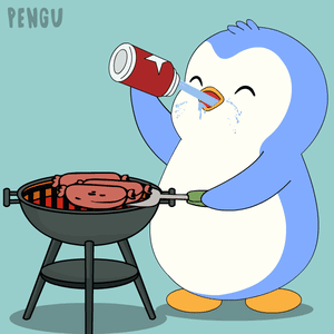 Penguin Cooking Sausages on Grill