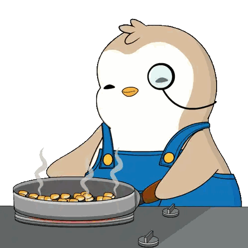 Penguin Cooking With Popcorn Coming Out of Mouth