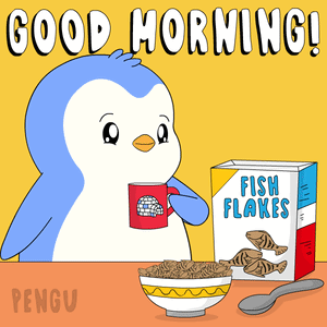 Penguin Drinking Coffee Next To Fish Flakes GIF