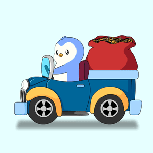 Penguin Driving Blue Car with Gold Bag