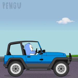 Penguin Driving Blue Jeep Saying Pengu